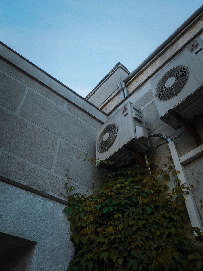 Air conditioners mounted on an ivy-covered building wall in Minsk.